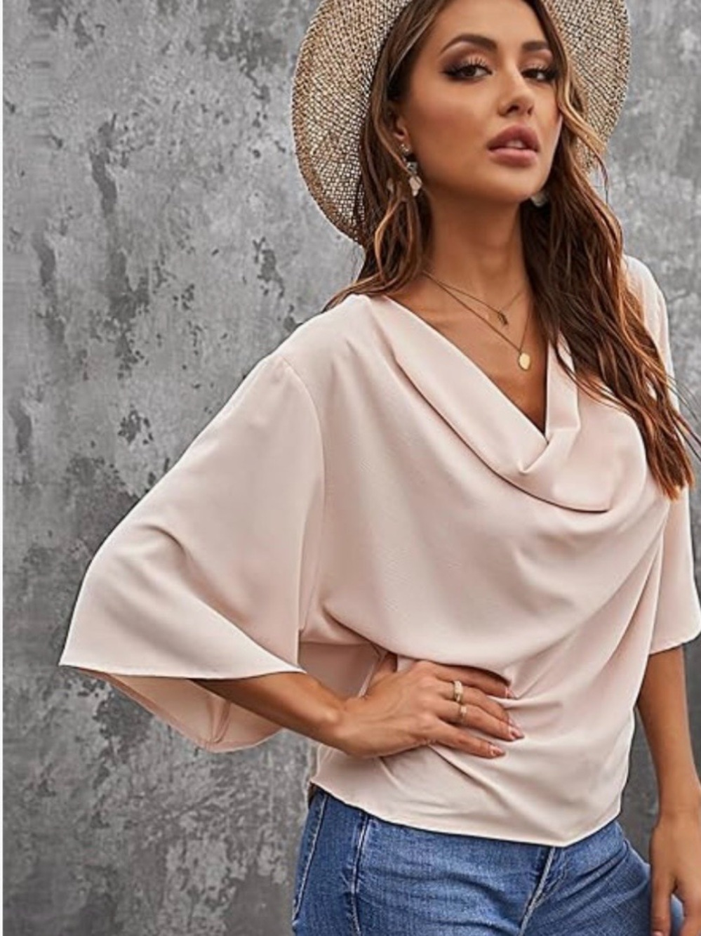 Women's Med Pale Pink Loose Draped Cowl Neck Blouse Top. 3/4 sleeve. Like New